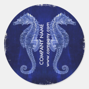 coastal whitewashed wood nautical blue seahorse classic round sticker