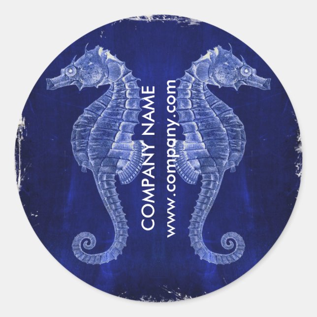 coastal whitewashed wood nautical blue seahorse classic round sticker (Front)