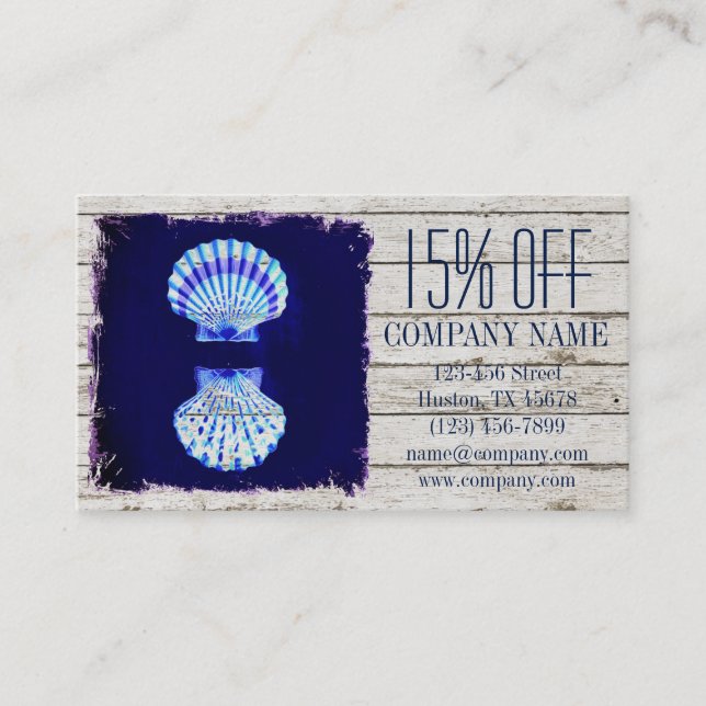 coastal whitewashed wood nautical blue seashells business card (Front)