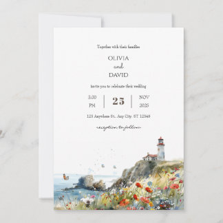 Coastal Wildflower Lighthouse View Beach Wedding Invitation