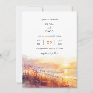Coastal Wildflowers at Sunset Art Beach Wedding  Invitation