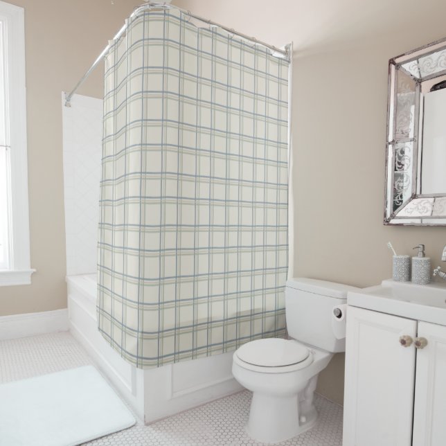 Coastal Windowpane Plaid Pattern in Soft Blue Sage Shower Curtain (In Situ)