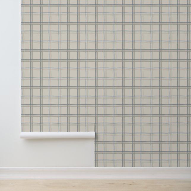 Coastal Windowpane Plaid Pattern in Soft Blue Sage Wallpaper (Application)