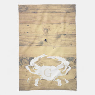 Coastal Wood Planks & White Crab Monogram Tea Towel