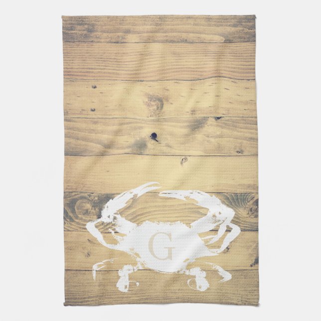 Coastal Wood Planks & White Crab | Monogram Tea Towel (Vertical)