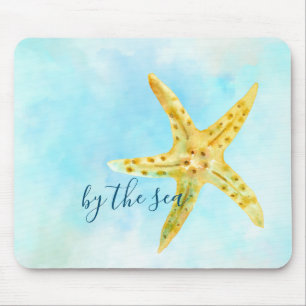 Coastal Yellow Starfish Aqua Watercolor Mouse Mat