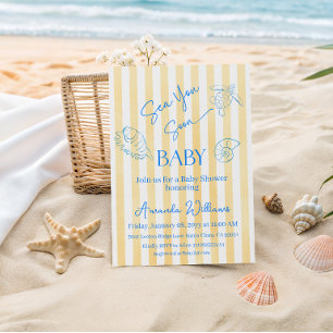 Coastal Yellow Stripes Sea You Soon Baby Shower Invitation