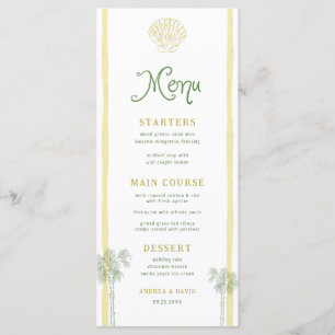 Coastal Yellow Stripes Seashell Palm Tree Wedding Menu