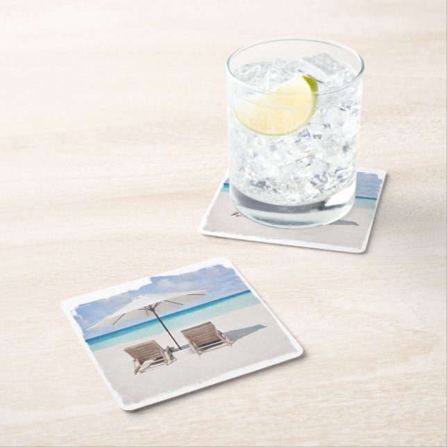 Coaster, Paper - Watercolor Beach Chair Square Paper Coaster (Insitu)
