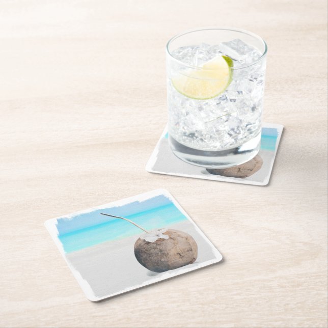 Coaster, Paper - Watercolor Beach Coconut Square P Coaster (Insitu)