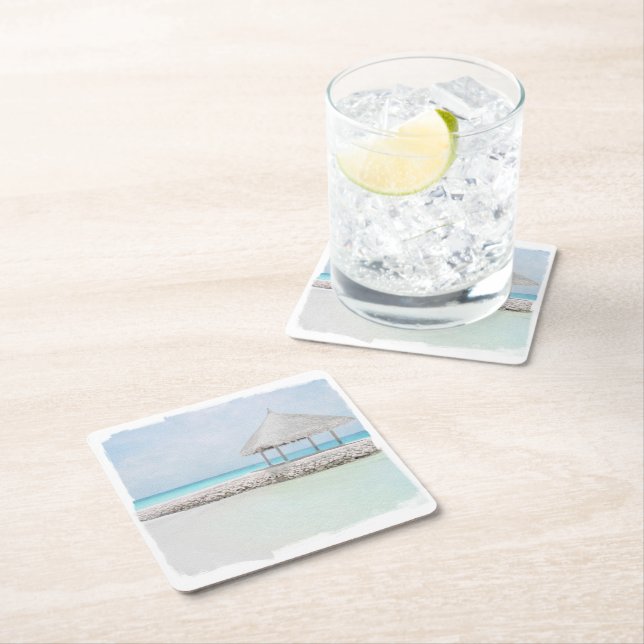 Coaster, Paper - Watercolor Beach Hut Square Paper Coaster (Insitu)