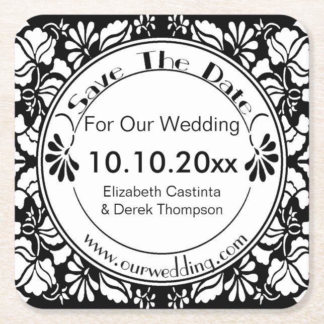 Coaster Save The Date - Elegant Black and White (Front)