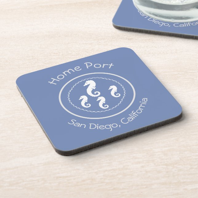 Coaster Set - Sea Horses Home Port, white on blue (Left Side)