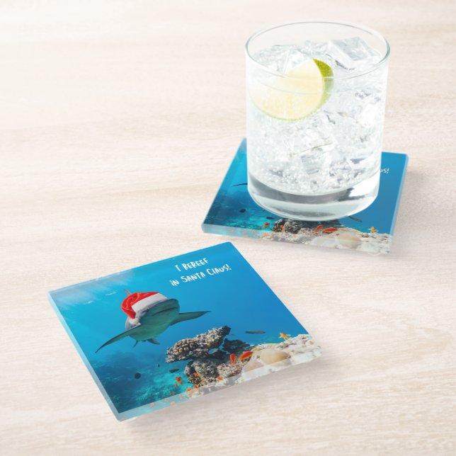 Coaster, Shark Christmas Glass Coaster (Angled)