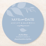 Coaster Wedding Save The Date Blue<br><div class="desc">Announce your engagement with this modern save the date in a unique coaster format. This design features minimalist greenery in light blue. Use the template fields to edit with your wedding details in white over a dusty blue background. Change the colours of the leaves, font and background to suit your...</div>