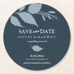 Coaster Wedding Save The Date Blue<br><div class="desc">Announce your engagement with this modern save the date in a unique coaster format. This design features minimalist leaves in a dusty blue colour. Use the template fields to edit with your wedding details in white over a midnight blue background. Change the colours of the leaves, font and background to...</div>