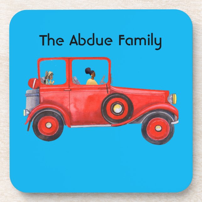 Coaster with Vintage Red Car & Black Family (Front)