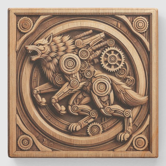 Coaster with wolf design. (Front)