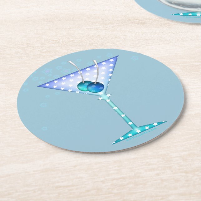 COASTERS, BLUE MARTINI DESIGN ROUND PAPER COASTER (Angled)