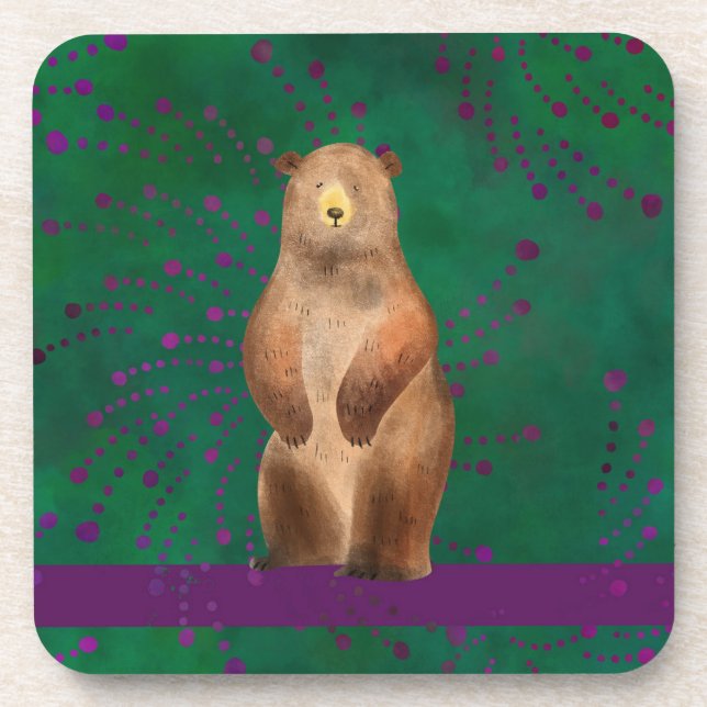 Coasters with Bear Illustration on Green Swirls (Front)