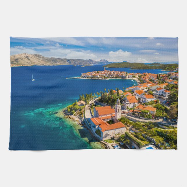 Coastline | Korcula Town, Korcula Island, Croatia Tea Towel (Horizontal)