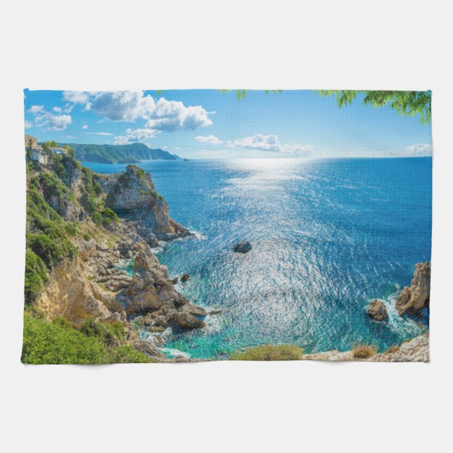 Coastline | Palaiokastritsa, Corfu, Greece Tea Towel (Horizontal)