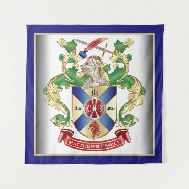 Coat of Arms Knight Shield Dragon Monogram Blue Tapestry (Front)