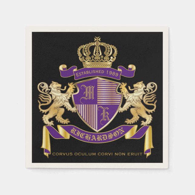 Coat of Arms Monogram Emblem Golden Lion Shield Napkin (Front)