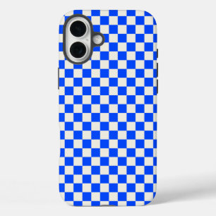 Cobalt and cream checkerboard pattern iPhone 16 plus case