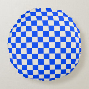 Cobalt and cream chequerboard pattern round cushion