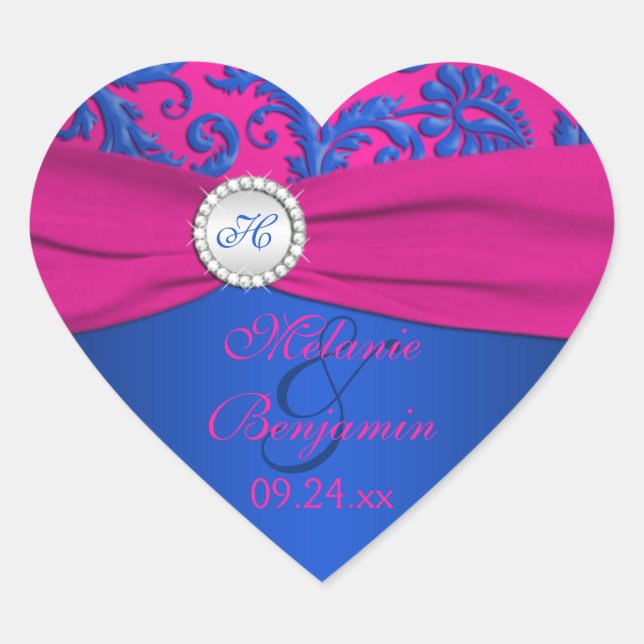 Cobalt and Fuchsia Damask Heart Shaped Sticker (Front)