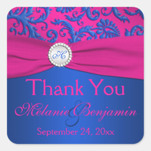 Cobalt and Fuchsia Damask Wedding Favour Sticker