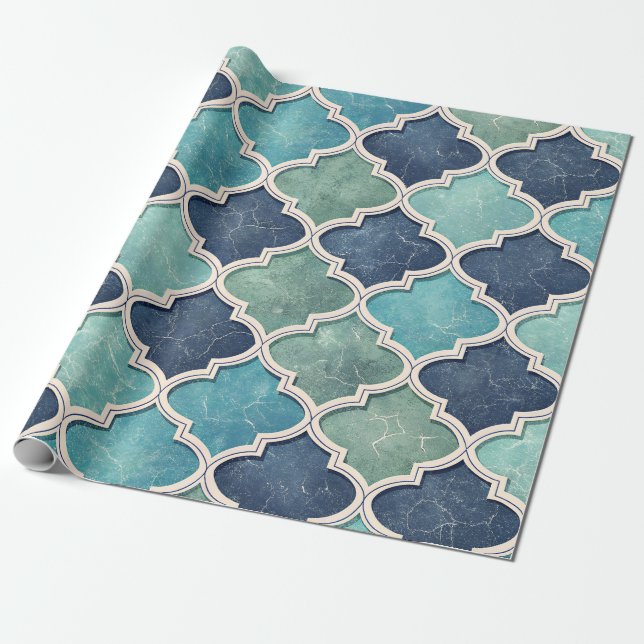 Cobalt and Teal Quatrefoil - Mediterranean Mosaic Wrapping Paper (Unrolled)