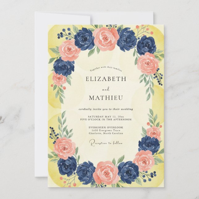 Cobalt Apricot Ranunculus Eucalyptus Wedding Invitation (Front)