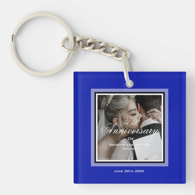 Cobalt blue 50th wedding anniversary couple key ring (Front)