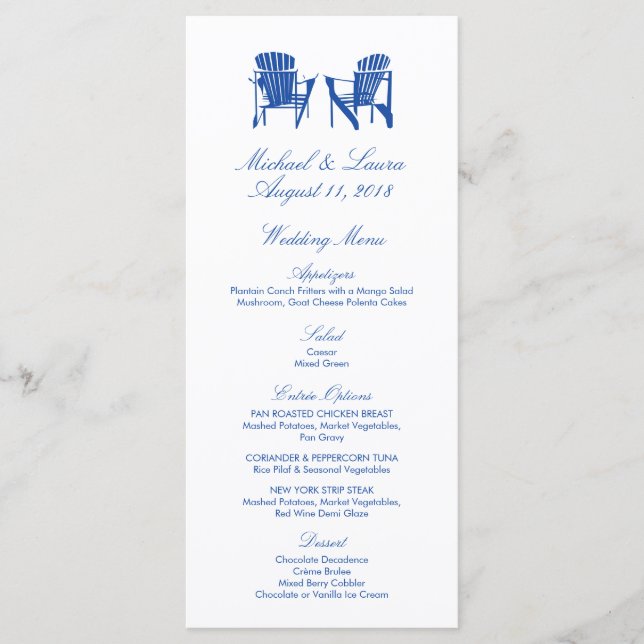 Cobalt Blue Adirondack Beach Chairs Wedding Menu (Front)