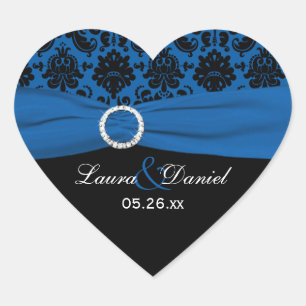 Cobalt Blue and Black Damask 1.5" Heart Sticker