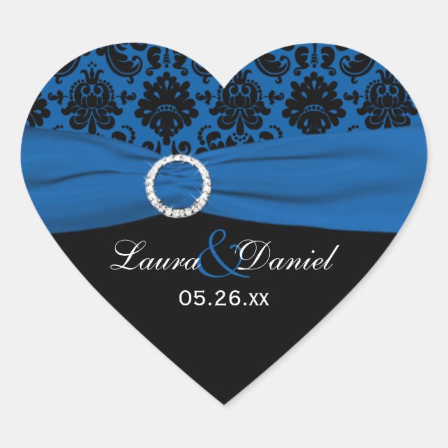 Cobalt Blue and Black Damask 1.5" Heart Sticker (Front)