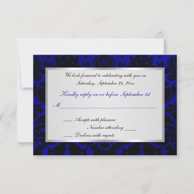 Cobalt Blue and Black Damask Reply Card (Front)