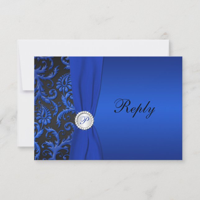 Cobalt Blue and Black Damask RSVP Card (Front)