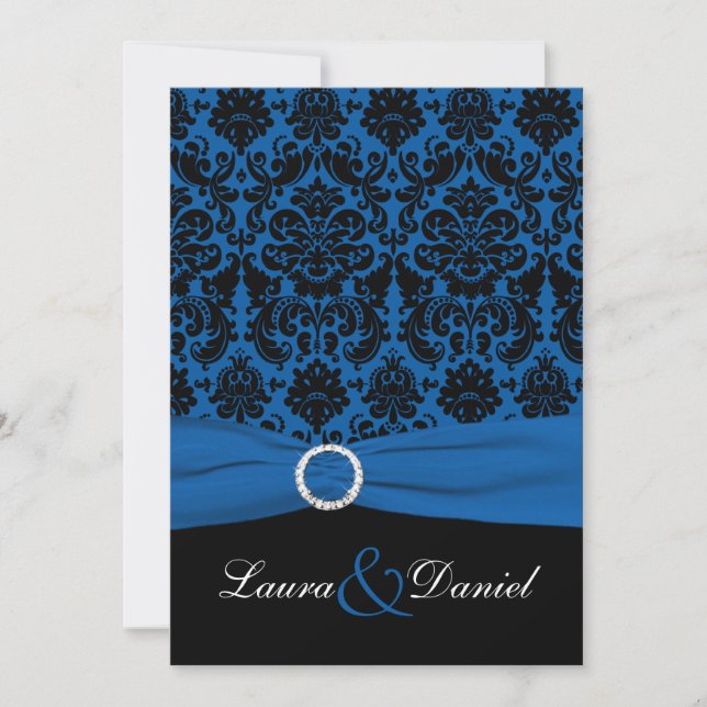Cobalt Blue and Black Damask Wedding Invitation (Front)