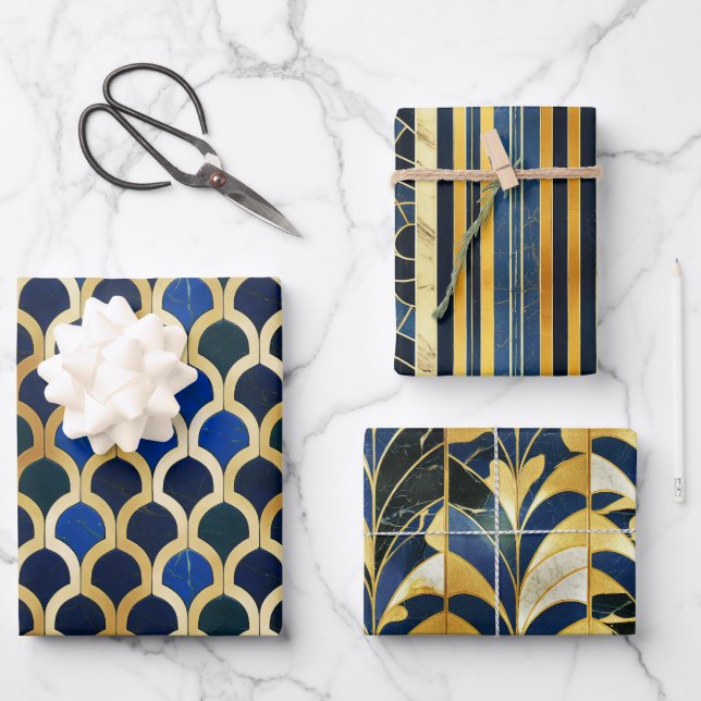 Cobalt Blue and Gold Art Deco Marble pattern Wrapping Paper Sheet (Front)