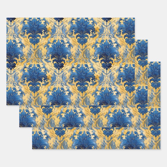 COBALT BLUE AND GOLD DAMASK DECORATIVE PAPER (Set)