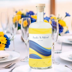 Cobalt Blue and Lemon Yellow Modern Wedding Liquor Bottle Label