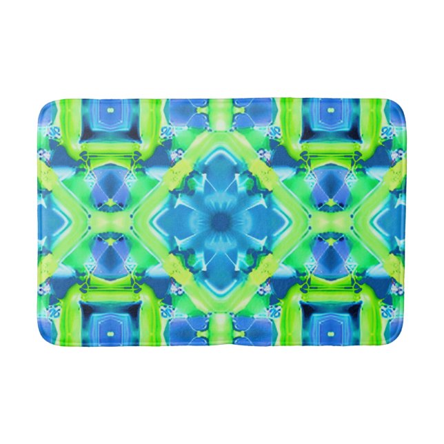 Cobalt Blue and Lime Green Tie Dye Pattern Bath Mat (Front)