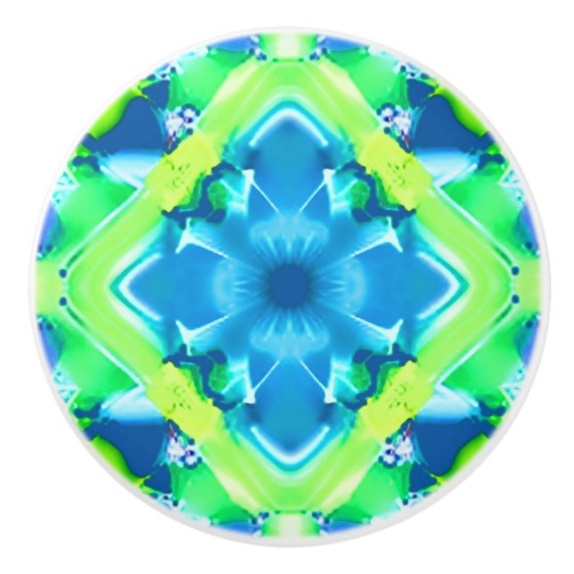 Cobalt Blue and Lime Green Tie Dye Pattern  Ceramic Knob (Front)