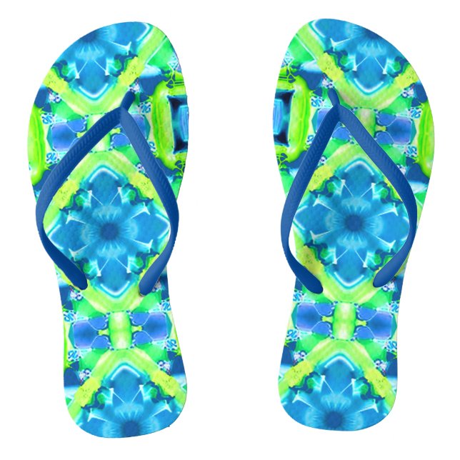 Cobalt Blue and Lime Green Tie Dye Pattern Flip Flops (Footbed)