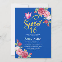 Cobalt Blue and Pink Floral Sweet 16 Birthday