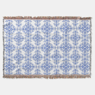 Cobalt Blue and White Floral Damask Style Pattern Throw Blanket
