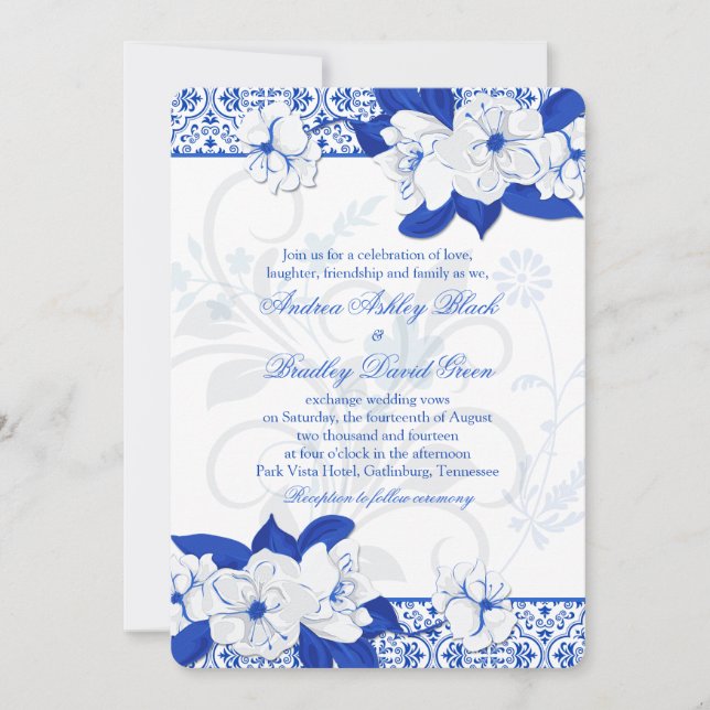 Cobalt Blue and White Floral Wedding Invitation (Front)